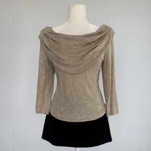MSK Blouse Womens M Gold Glitter Cowl Neck 3/4 Sleeve Jersey Knit Party Top